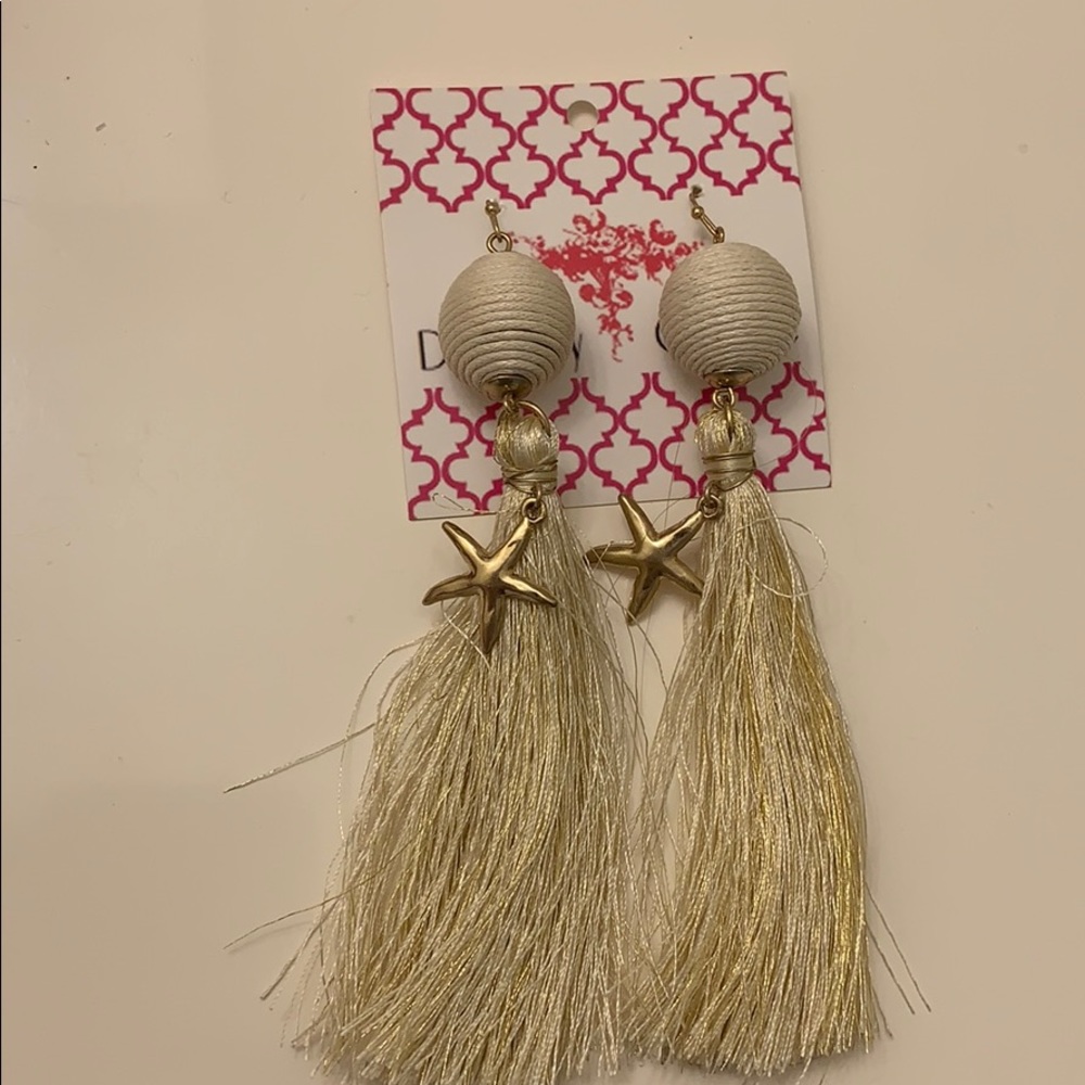 Starfish tassel trim pom pom earrings